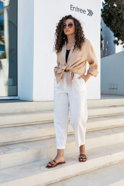 Классические льняные брюки со складками и пуговицей EZER 1032 молочный - фото 18