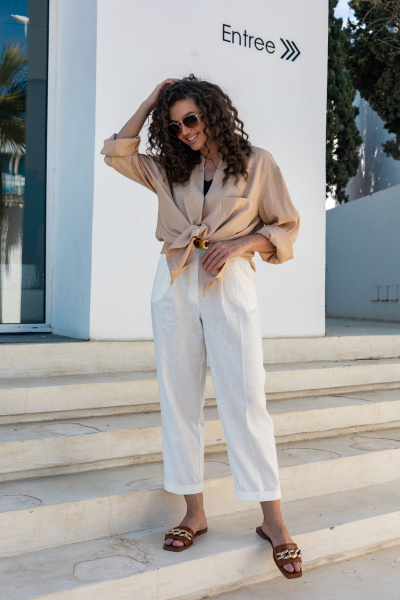 Классические льняные брюки со складками и пуговицей EZER 1032 молочный - фото 12