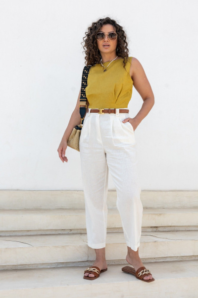 Классические льняные брюки со складками и пуговицей EZER 1032 молочный - фото 10