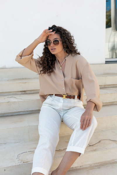 Классические льняные брюки со складками и пуговицей EZER 1032 молочный - фото 5