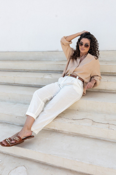 Льняные белые брюки с карманами и зауженным низом EZER 1034 бежевый - фото 9