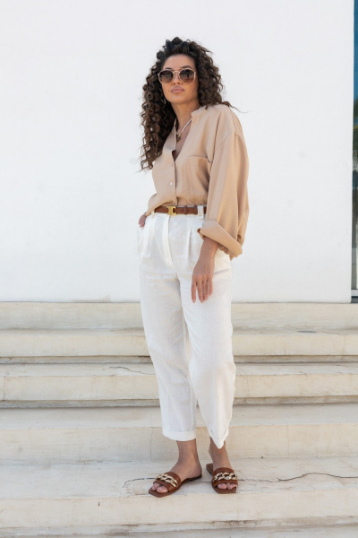Льняные белые брюки с карманами и зауженным низом EZER 1034 бежевый - фото 8