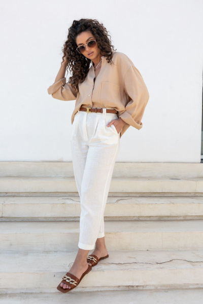 Льняные белые брюки с карманами и зауженным низом EZER 1034 бежевый - фото 7