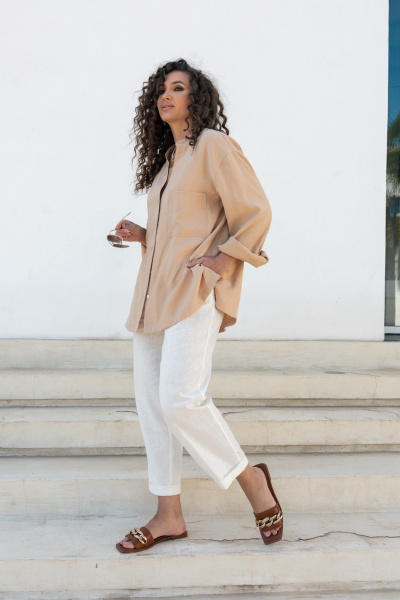 Льняные белые брюки с карманами и зауженным низом EZER 1034 бежевый - фото 4