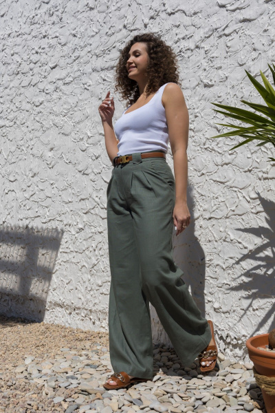 Леновый костюм 2-ка: брюки с поясом и рубашка оверсайз EZER 2042 хаки - фото 40