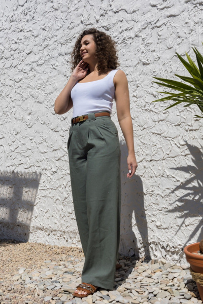 Леновый костюм 2-ка: брюки с поясом и рубашка оверсайз EZER 2042 хаки - фото 38