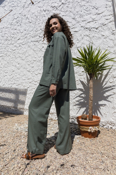 Леновый костюм 2-ка: брюки с поясом и рубашка оверсайз EZER 2042 хаки - фото 35