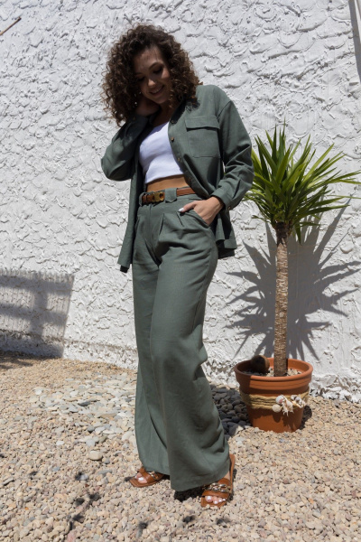 Леновый костюм 2-ка: брюки с поясом и рубашка оверсайз EZER 2042 хаки - фото 33