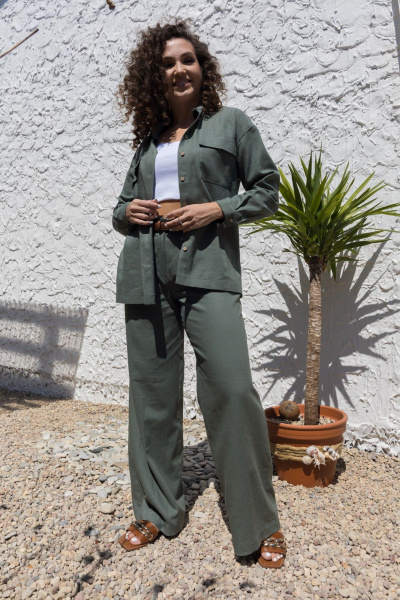 Леновый костюм 2-ка: брюки с поясом и рубашка оверсайз EZER 2042 хаки - фото 32