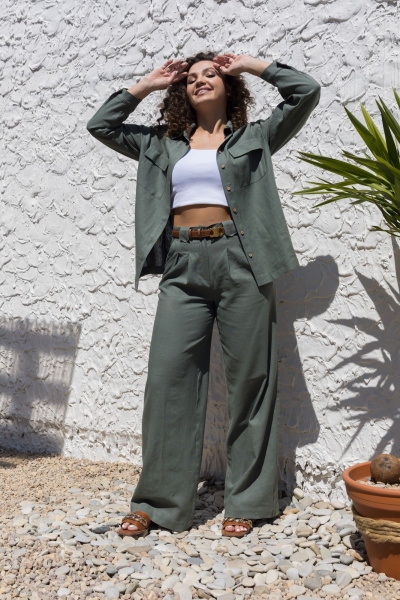 Леновый костюм 2-ка: брюки с поясом и рубашка оверсайз EZER 2042 хаки - фото 30