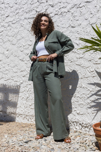 Леновый костюм 2-ка: брюки с поясом и рубашка оверсайз EZER 2042 хаки - фото 28