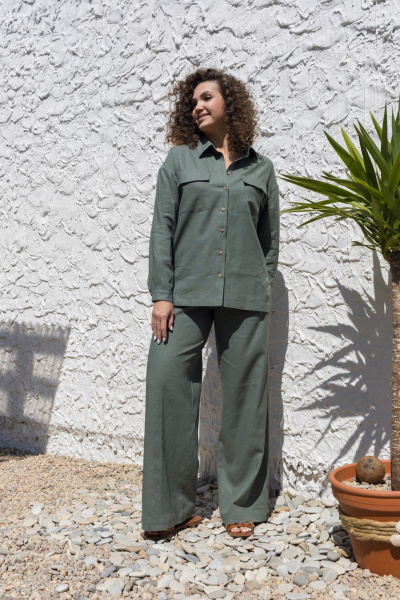 Леновый костюм 2-ка: брюки с поясом и рубашка оверсайз EZER 2042 хаки - фото 21