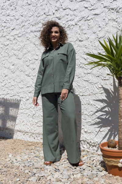 Леновый костюм 2-ка: брюки с поясом и рубашка оверсайз EZER 2042 хаки - фото 20