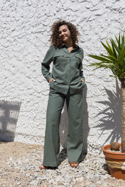 Леновый костюм 2-ка: брюки с поясом и рубашка оверсайз EZER 2042 хаки - фото 19