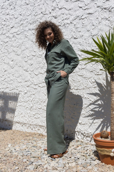 Леновый костюм 2-ка: брюки с поясом и рубашка оверсайз EZER 2042 хаки - фото 18