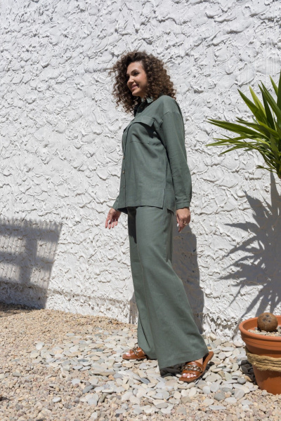 Леновый костюм 2-ка: брюки с поясом и рубашка оверсайз EZER 2042 хаки - фото 17