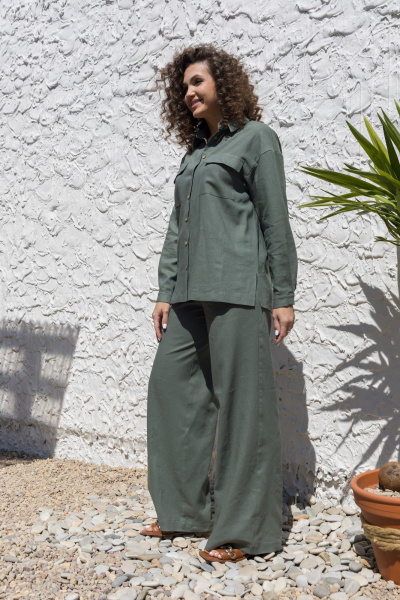 Леновый костюм 2-ка: брюки с поясом и рубашка оверсайз EZER 2042 хаки - фото 16