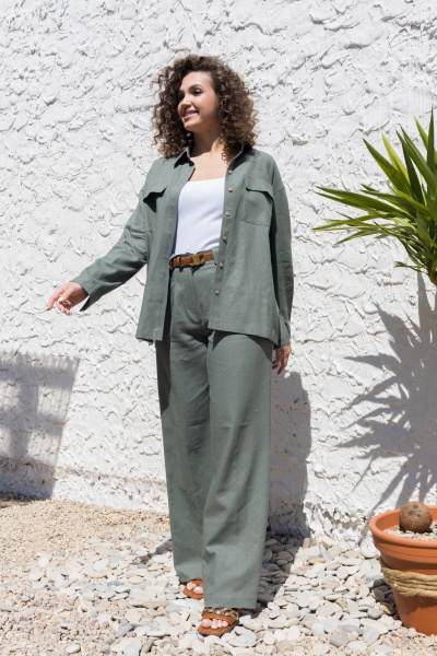 Леновый костюм 2-ка: брюки с поясом и рубашка оверсайз EZER 2042 хаки - фото 13