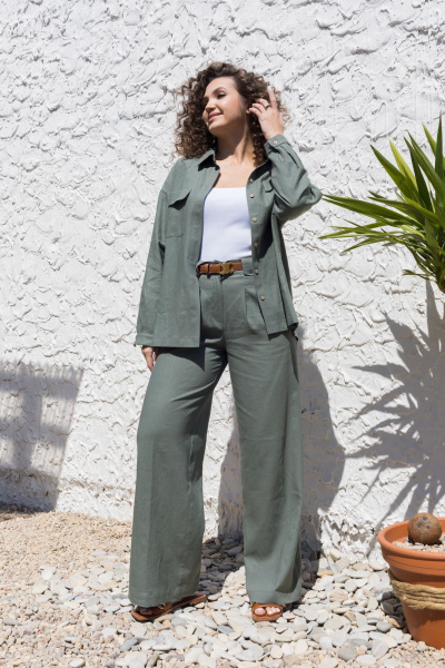 Леновый костюм 2-ка: брюки с поясом и рубашка оверсайз EZER 2042 хаки - фото 11