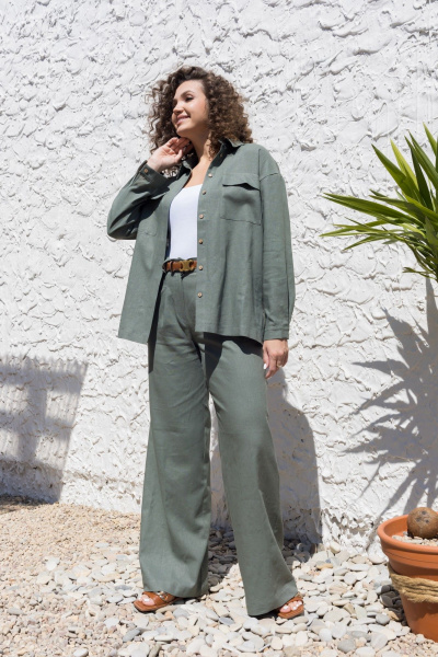 Леновый костюм 2-ка: брюки с поясом и рубашка оверсайз EZER 2042 хаки - фото 10
