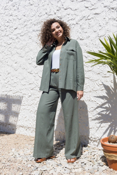 Леновый костюм 2-ка: брюки с поясом и рубашка оверсайз EZER 2042 хаки - фото 9