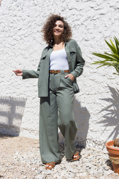 Леновый костюм 2-ка: брюки с поясом и рубашка оверсайз EZER 2042 хаки - фото 7