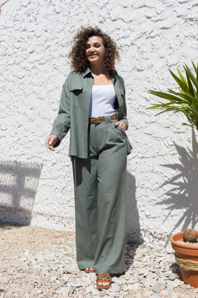 Леновый костюм 2-ка: брюки с поясом и рубашка оверсайз EZER 2042 хаки - фото 5