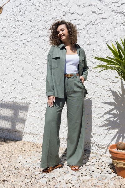Леновый костюм 2-ка: брюки с поясом и рубашка оверсайз EZER 2042 хаки - фото 6
