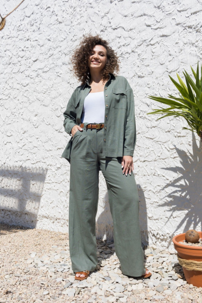 Леновый костюм 2-ка: брюки с поясом и рубашка оверсайз EZER 2042 хаки - фото 2