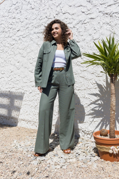 Леновый костюм 2-ка: брюки с поясом и рубашка оверсайз EZER 2042 хаки - фото 1