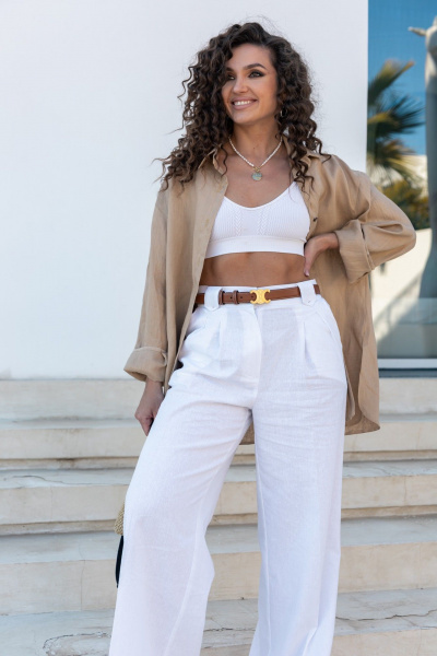 Льняной костюм 2-ка: бежевые брюки и рубашка с пуговицами EZER 2044 песочный_белый - фото 4