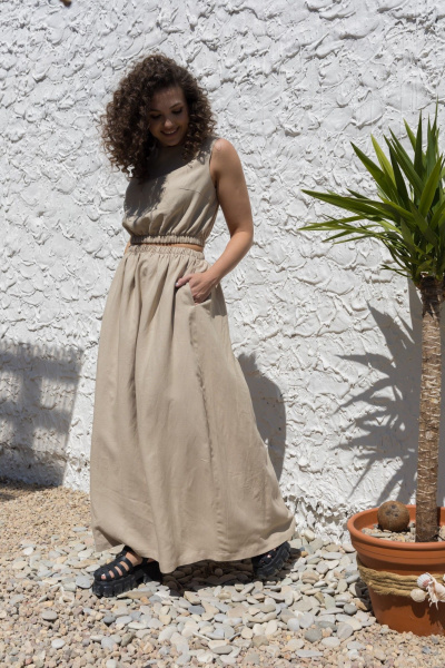Бежевый костюм 2-ка: топ и длинная свободная юбка EZER 2046 льняной_серый_беж - фото 17