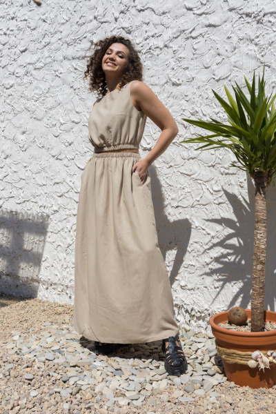 Бежевый костюм 2-ка: топ и длинная свободная юбка EZER 2046 льняной_серый_беж - фото 14