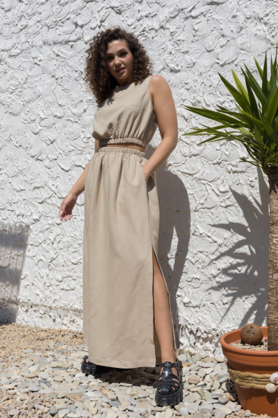 Бежевый костюм 2-ка: топ и длинная свободная юбка EZER 2046 льняной_серый_беж - фото 4
