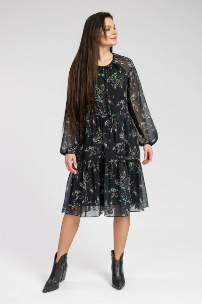 Миди шифоновое платье с воланами и собранной горловиной FASHION CENTRE П-3625 черный - фото 3
