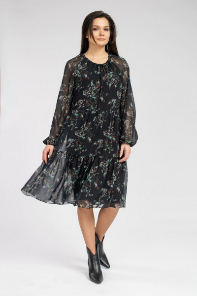 Миди шифоновое платье с воланами и собранной горловиной FASHION CENTRE П-3625 черный - фото 2