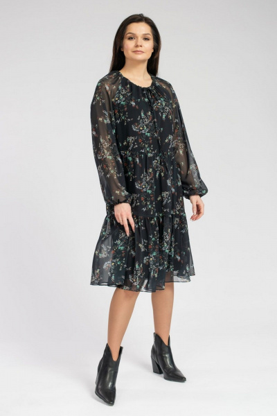 Миди шифоновое платье с воланами и собранной горловиной FASHION CENTRE П-3625 черный - фото 1