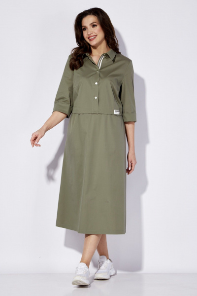Платье из текстиля с воротником рубашки и карманами TAiER 1270 олива - фото 6