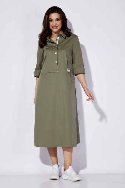 Платье из текстиля с воротником рубашки и карманами TAiER 1270 олива - фото 4