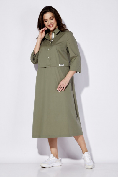 Платье из текстиля с воротником рубашки и карманами TAiER 1270 олива - фото 2