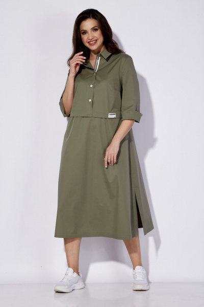 Платье из текстиля с воротником рубашки и карманами TAiER 1270 олива - фото 1