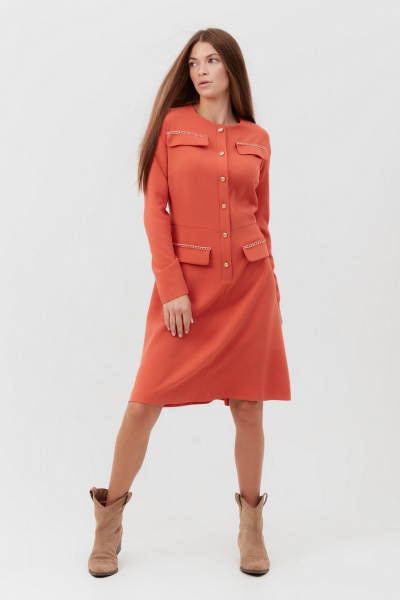 Платье оранжевое из текстиля с разрезами и рукавом 3/4 Condra 4377 терракотовый - фото 1
