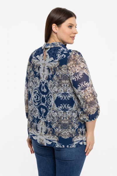 Блуза из шифонового полотна с воротником-стойкой Avila 0822 бежево-синий - фото 2