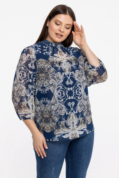 Блуза из шифонового полотна с воротником-стойкой Avila 0822 бежево-синий - фото 7