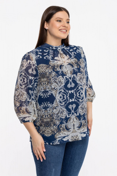 Блуза из шифонового полотна с воротником-стойкой Avila 0822 бежево-синий - фото 6