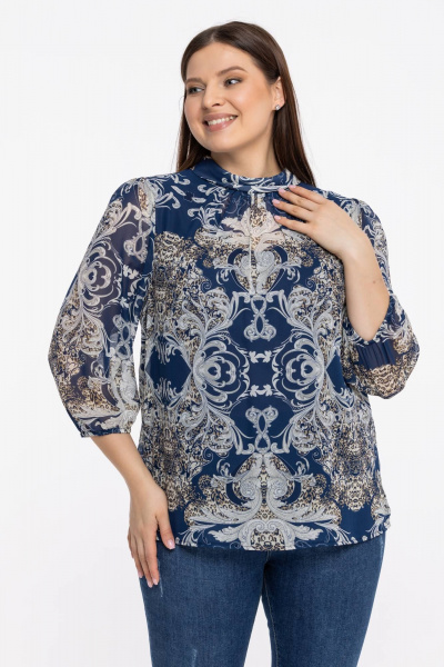 Блуза из шифонового полотна с воротником-стойкой Avila 0822 бежево-синий - фото 4