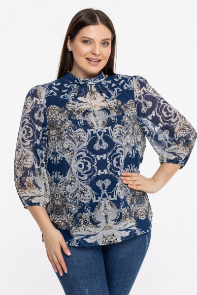 Блуза из шифонового полотна с воротником-стойкой Avila 0822 бежево-синий - фото 3