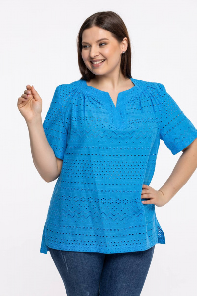 Блуза летняя с кружевом и разрезами на каждый день Avila 0858 голубой - фото 4