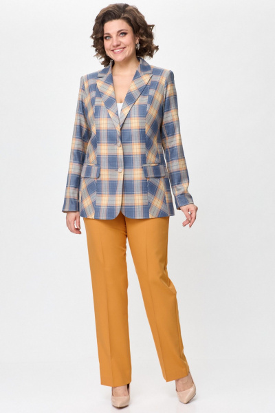 Брюки и жакет деловой костюм из хлопка и текстиля БелЭльСтиль 203-2 83 22+596-2 79 22 клетка+горчица - фото 1