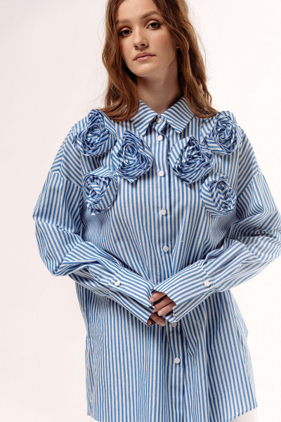 Оверсайз рубашка в полоску с кокеткой и складкой FLAIM 1044 синий-белый - фото 4